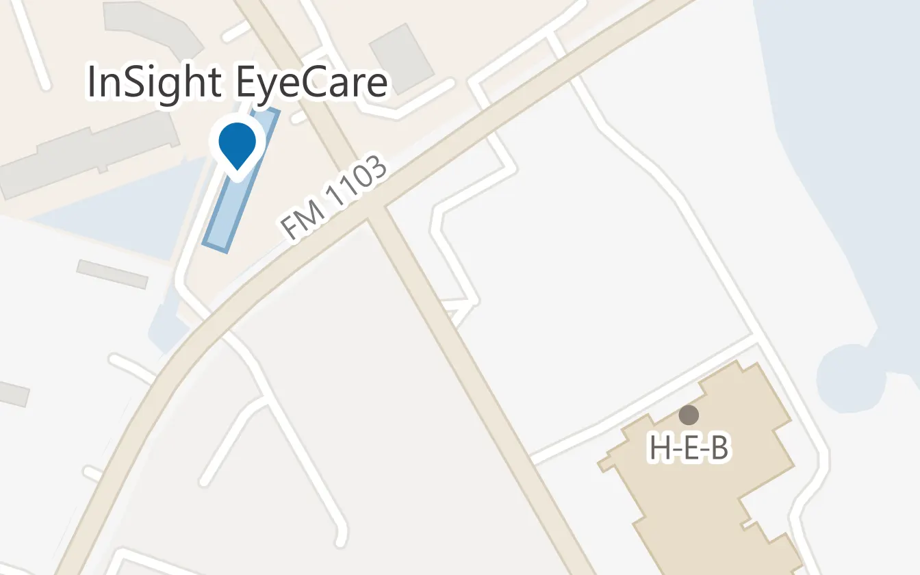 Map showing InSight EyeCare on 791 FM 1103 in Cibolo, with the H-E-B south-east along FM 1103. Opens Google Maps in a new tab.