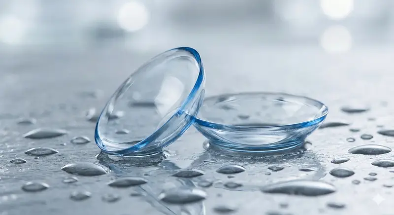 Two scleral contact lenses on a wet surface, one standing on its edge and one lying flat, surrounded by water droplets.